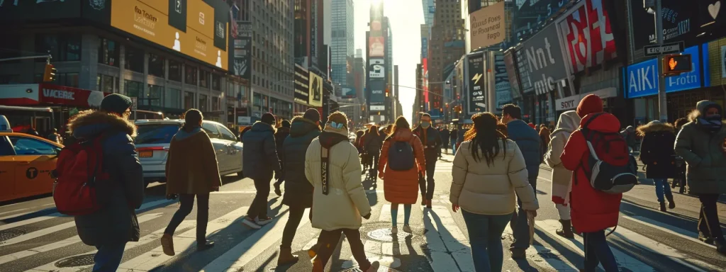 a compelling scene captures a bustling city crosswalk, highlighting a diverse group of pedestrians confidently navigating their path, surrounded by clear road signs and busy traffic, symbolizing the importance of safety and awareness in urban environments.