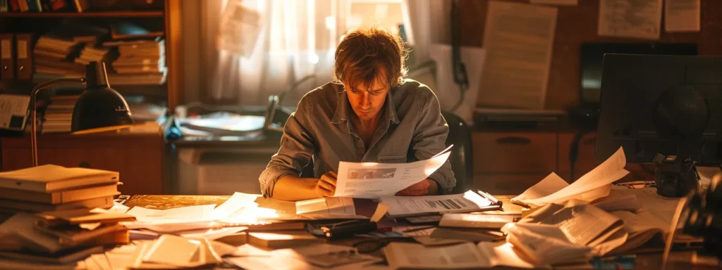 a compelling scene captures a thoughtful individual seated at a cluttered desk, surrounded by legal documents and medical bills, with a concerned expression highlighting the weight of their financial burden following an auto accident, softly illuminated by warm, natural light filtering through a window.