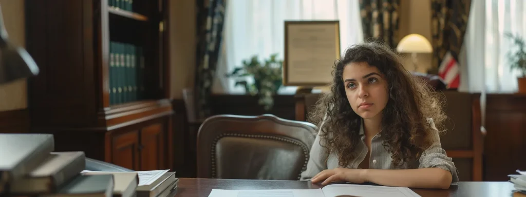 a concerned accident victim sits in a lawyer's office, surrounded by legal documents and a solemn atmosphere, emphasizing the weight of seeking justice and understanding in the aftermath of personal injury.
