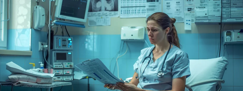 a concerned worker sits in a bright, clinical examination room, surrounded by medical charts and equipment, symbolizing the emotional and financial weight of navigating medical expenses from a workplace injury.