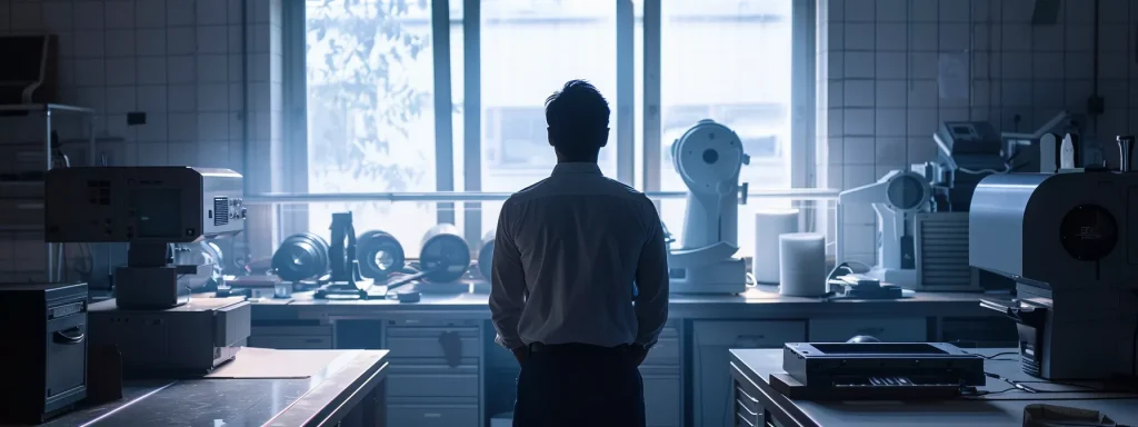 a concerned worker stands in a dimly lit office filled with machinery, contemplating the importance of legal representation for workplace injuries, as a shadowy figure of an attorney looms in the background, symbolizing guidance and support.