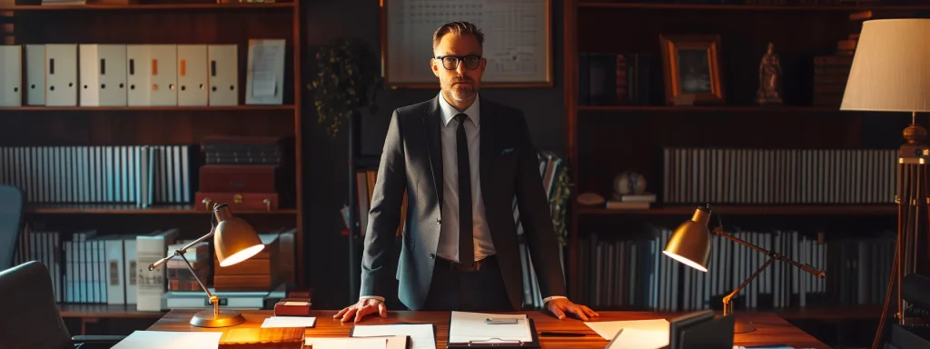 a confident attorney stands at a sleek conference table, surrounded by case files and legal documents, analyzing complex accident case details under the warm glow of focused spotlighting in an elegantly modern office.
