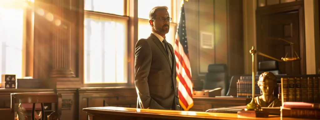 a confident attorney stands in a sunlit courtroom, surrounded by legal books and a clear display of case awards, embodying the triumph of justice in motor vehicle accident cases.