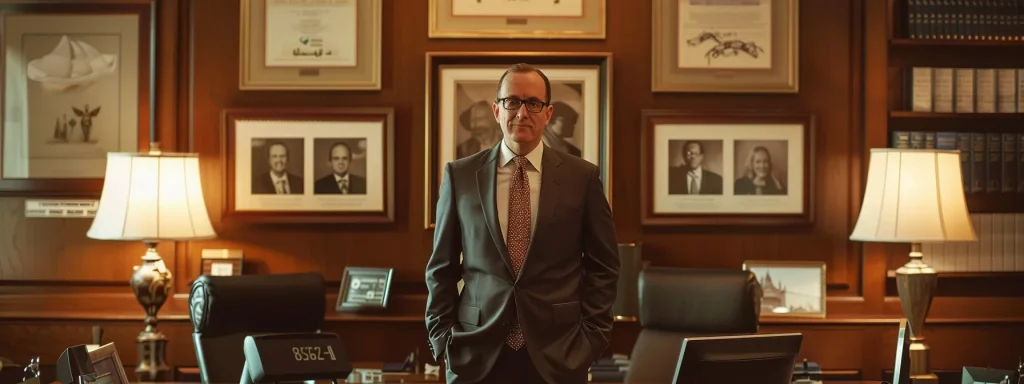 Confident attorney standing in a well-appointed office, surrounded by framed certificates and photographs, emphasizing professionalism and expertise in personal injury law, particularly car accident claims.