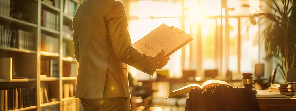 a confident attorney stands in a sunlit law office, reviewing a detailed police report, symbolizing the crucial role of legal representation in navigating car accident claims amidst a blurred backdrop of legal books and case files.