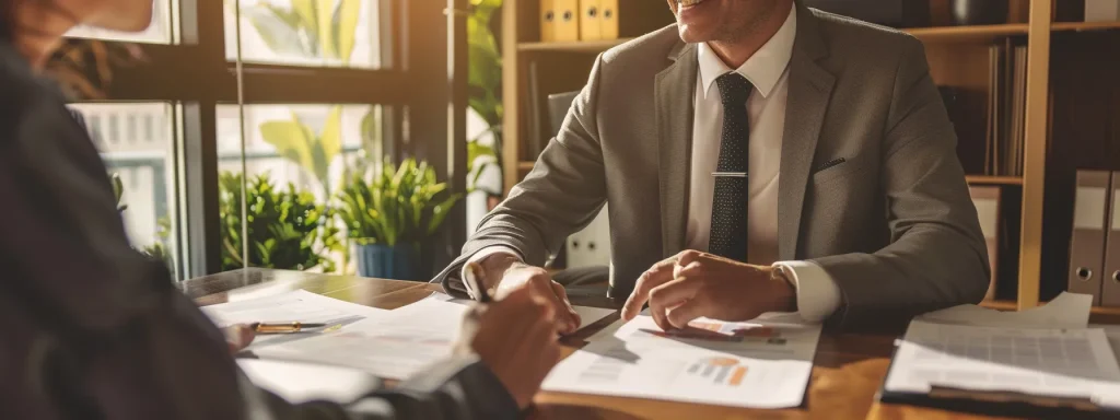a confident auto injury lawyer sits at a polished desk, engaging warmly with a client, surrounded by glowing testimonials and feedback forms, under soft, inviting natural light that enhances the atmosphere of trust and professionalism.