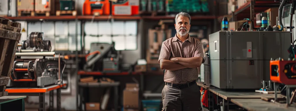 a confident business owner stands in a well-organized machinery workshop, surrounded by vibrant safety signage and sleek equipment, embodying the essence of effective risk management and employee safety.