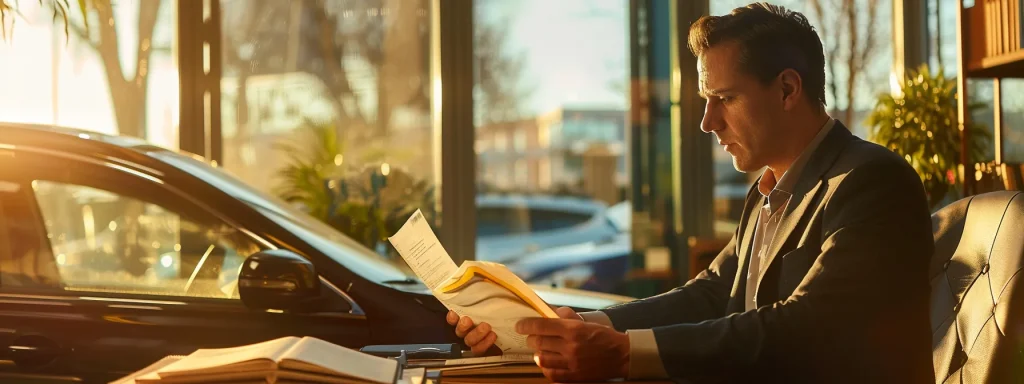 Confident car accident attorney reviewing case documents in a sunlit office, emphasizing expertise in personal injury law and client representation.
