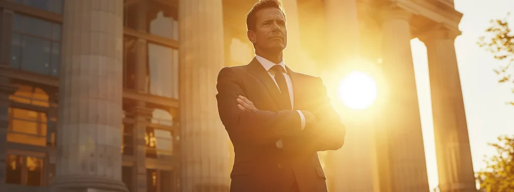 a confident car accident lawyer stands before a courthouse, exuding professionalism and determination, with a sunlit background highlighting the importance of trust and effective legal representation.