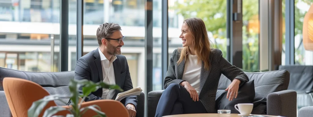 a confident client consulting with a knowledgeable attorney in a sleek, modern office, illuminated by natural light, symbolizes the importance of choosing an auto crash law firm with a proven track record and commitment to client advocacy.