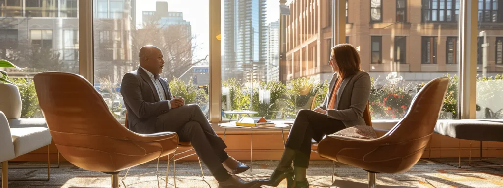 a confident client sits across from a focused attorney in a sunlit consultation room, as they engage in a serious discussion highlighting the importance of transparency and trust in selecting legal representation.
