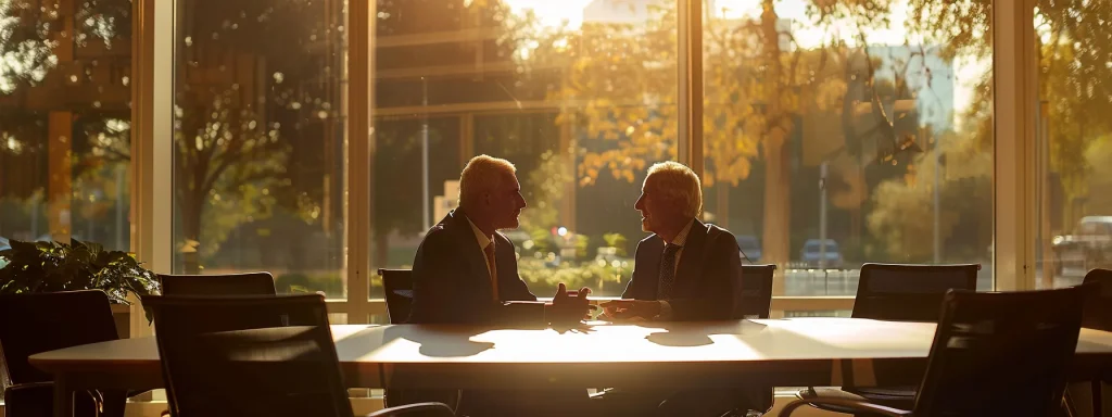a confident client sits at a sleek conference table, engaged in a serious discussion with a professional lawyer, illuminated by soft, natural light filtering through large windows, symbolizing clarity and understanding of potential legal outcomes and next steps in a car accident claim.
