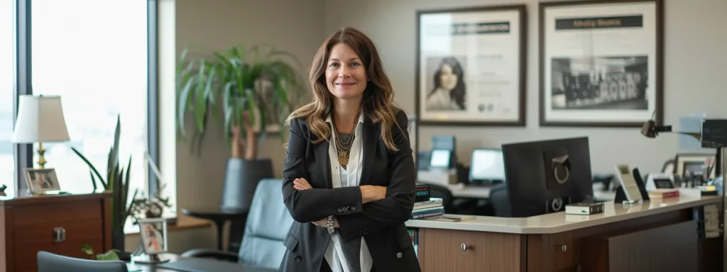 a confident crash attorney stands in a well-lit, modern office, surrounded by accolades and client testimonials, exuding professionalism and readiness to support motorcycle accident victims.