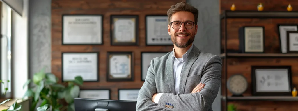 a confident crash attorney stands in a well-lit office, surrounded by framed testimonials and awards, symbolizing success in motorcycle and car accident injury claims, while evaluating key metrics on a sleek digital dashboard.