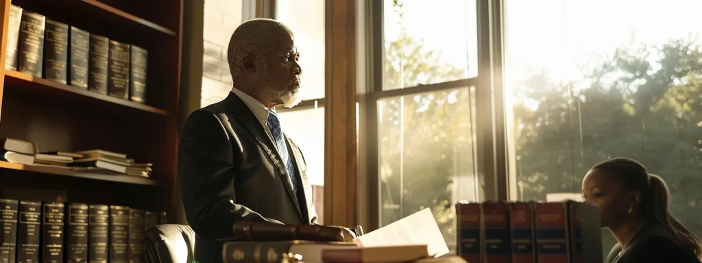 a confident crash attorney stands in a bright, professional office, engaging with a client over a table adorned with legal documents, conveying trust and expertise as sunlight filters through the large window, illuminating the determination in their expressions.