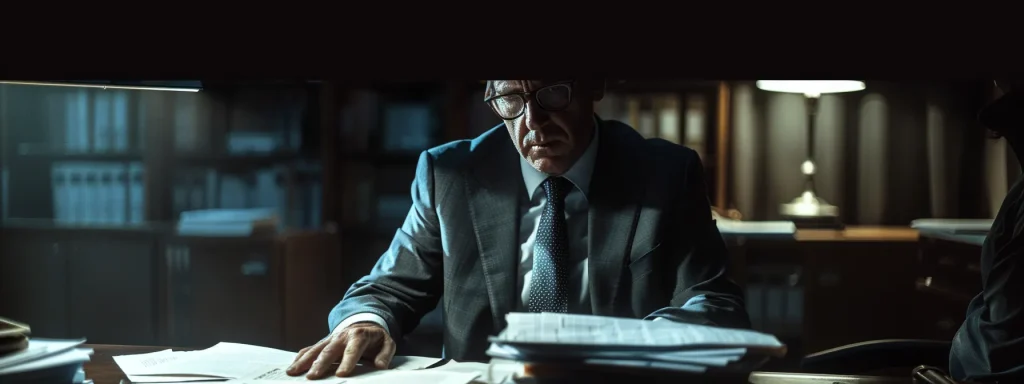 a confident individual, standing resolutely in an office setting, is actively engaged in a negotiation discussion, with a stack of compelling evidence documents prominently placed on the table, illuminated by soft overhead lighting that emphasizes the determination to secure a fair settlement for an auto accident claim.