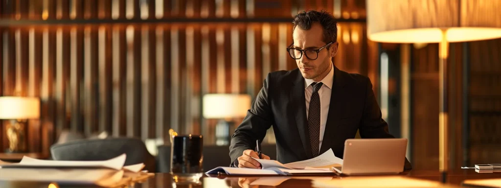 a confident individual stands at a negotiation table, surrounded by legal documents and a laptop, radiating determination and focus while skillfully discussing insurance settlement strategies under warm, ambient lighting.