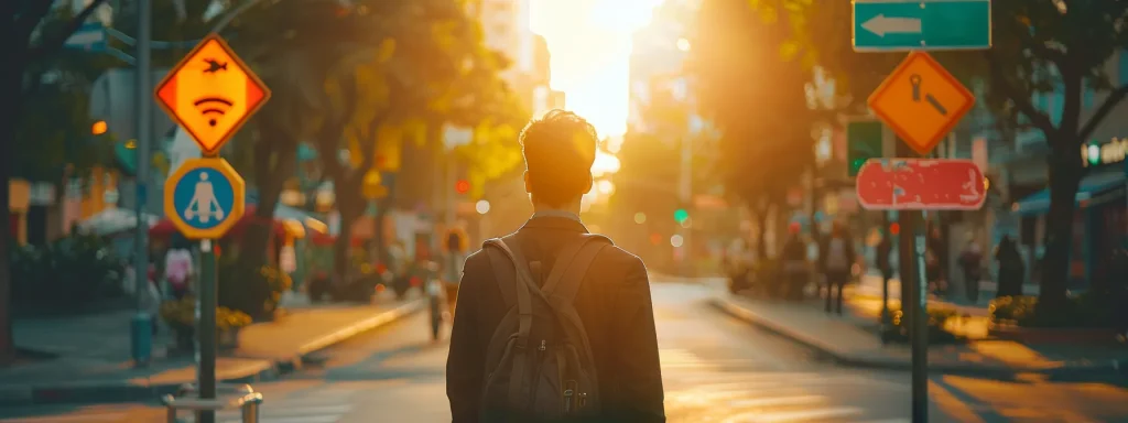 a confident individual stands at a crossroads, surrounded by vibrant directional signs symbolizing various paths in choosing the right accident lawyer, illuminated by warm sunlight that suggests clarity and assurance in decision-making.