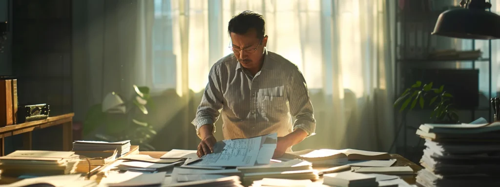 a confident individual stands at a desk, surrounded by neatly organized accident documentation, as soft natural light streams in, illuminating their determined expression while preparing to engage with an insurance adjuster.