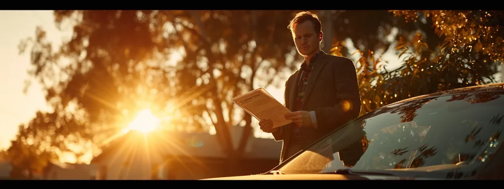 a confident individual stands beside their car, reviewing a detailed insurance policy under the golden glow of a setting sun, embodying preparedness and empowerment in navigating the auto insurance process.