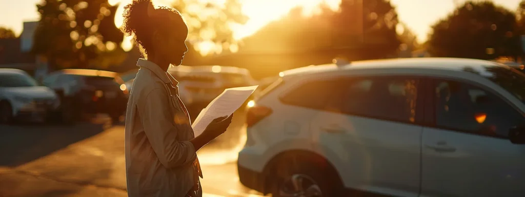 a confident individual stands by a parked car, reviewing important documents in a sunlit parking lot, symbolizing the clarity and determination needed to navigate the claims process after a car accident.