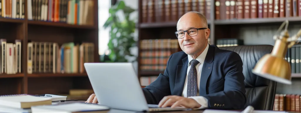 a confident lawyer, seated at a polished desk with a laptop open, engages warmly with a client, surrounded by soft natural light, emphasizing the importance of clear communication and trust in personal injury legal proceedings.