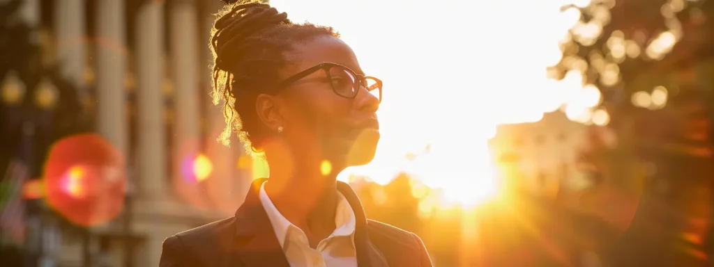 a confident lawyer stands in front of a city courthouse, exuding professionalism and determination, as the sun sets in the background, casting a warm glow that symbolizes hope and justice in car accident cases.