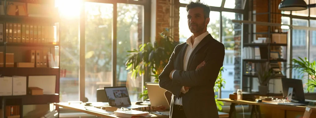 a confident legal professional stands in a sunlit office, surrounded by legal documents and a laptop, embodying the essence of advocacy and support for clients navigating complex insurance claims.