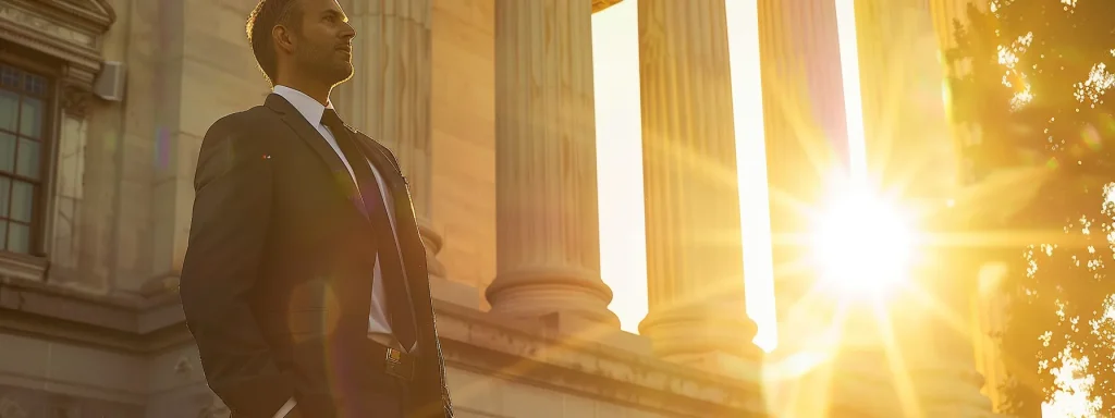 a confident local attorney stands proudly in front of a courthouse, exuding professionalism and determination, with the bright sunlight illuminating the building's majestic columns, symbolizing triumph in vehicle accident cases.