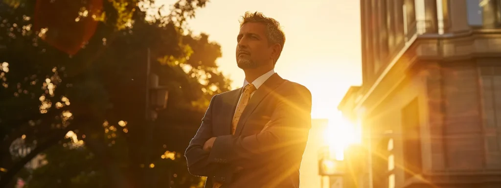 a confident personal injury attorney stands outside a local courthouse, engaging with members of the community as the warm afternoon sunlight casts a golden hue, symbolizing trust and personalized legal support tailored to unique local challenges.