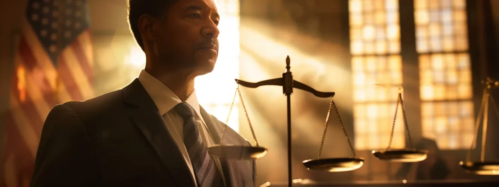 a contemplative lawyer stands at a crossroads, weighing the contrasting paths of a courtroom and a quiet office negotiation, with a backdrop of blurred legal documents symbolizing the complexity of personal injury case decisions.