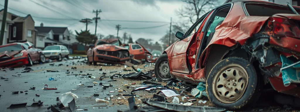 a detailed view captures the aftermath of a car accident scene, vividly showcasing crumpled vehicles, scattered debris, and documentation essentials like police reports and medical bills laid out prominently, all under a dramatic, overcast sky.