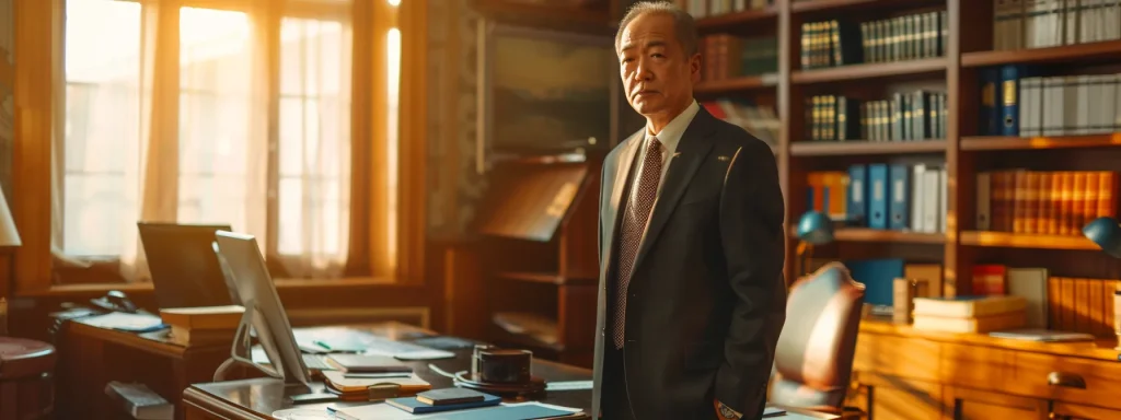 a determined attorney stands confidently in a sunlit office, surrounded by legal books and documents, symbolizing unwavering commitment to securing justice for auto accident victims.