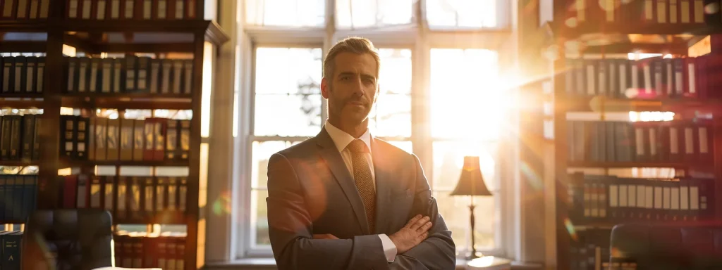 a determined attorney stands confidently in a sunlit office, surrounded by legal books and documents, symbolizing the essential guidance and expertise needed for success in car accident claims in indiana.