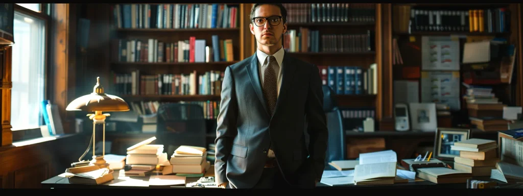 a determined automobile crash attorney stands confidently in a bustling law office, surrounded by case files and legal books, ready to advocate for justice on behalf of traffic collision victims.