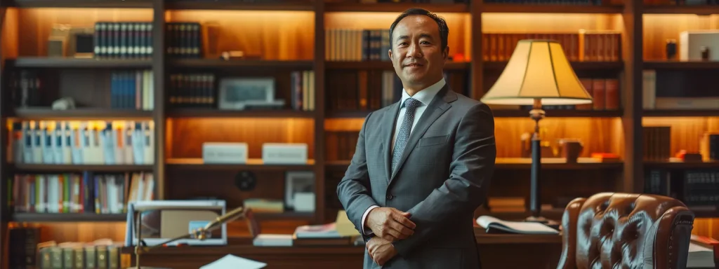 Attorney standing confidently in a law office with bookshelves, symbolizing expertise in personal injury and car accident claims.