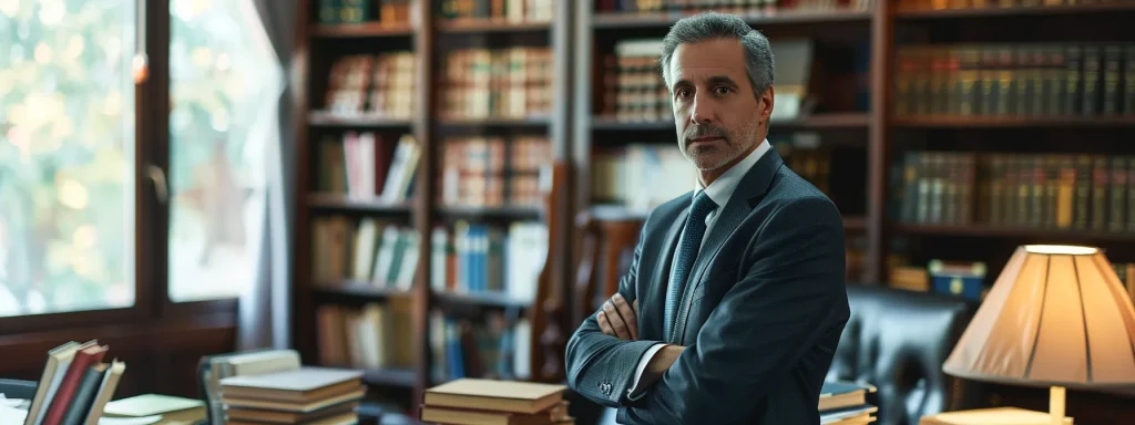 Professional car accident attorney in an office, standing confidently with arms crossed, surrounded by legal books and a warm lamp, emphasizing expertise in personal injury law.