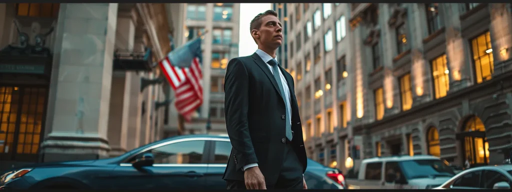 a determined car accident lawyer, confidently standing outside a courthouse, with a backdrop of bustling city streets, conveying the essence of justice and advocacy in personal injury cases.
