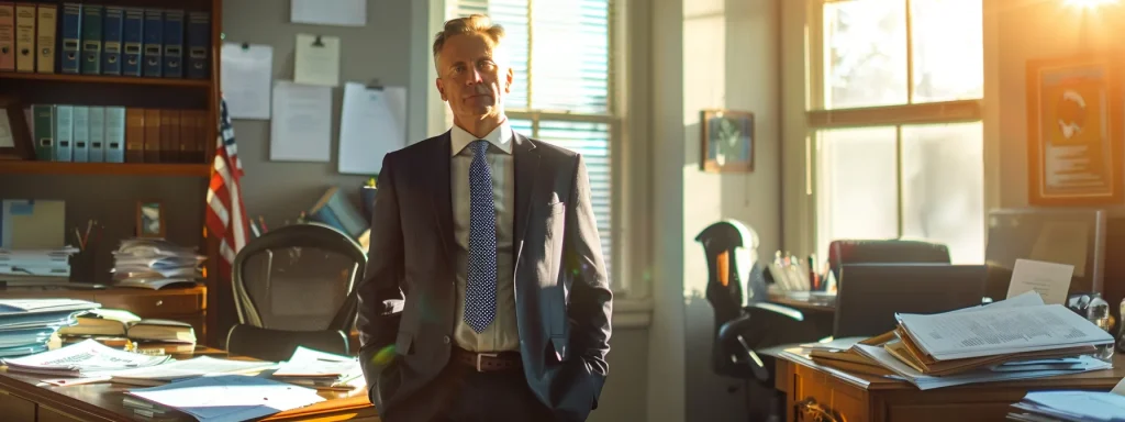 a determined crash attorney stands confidently in a sunlit office, surrounded by legal documents and images of auto accidents, illustrating their commitment to advocating for clients' rights and navigating the complexities of personal injury law.