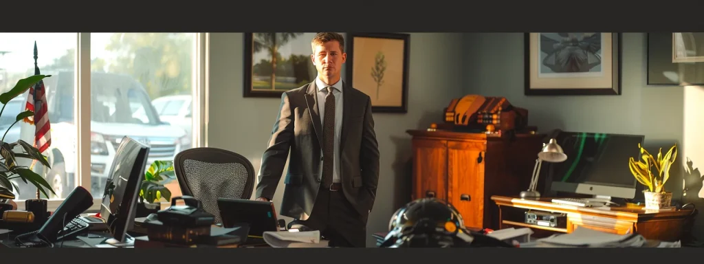 a determined crash attorney stands confidently in a stylish office, surrounded by legal documents and accident photographs, emphasizing their commitment to advocating for clients&rsquo; rights in the aftermath of vehicle accidents.