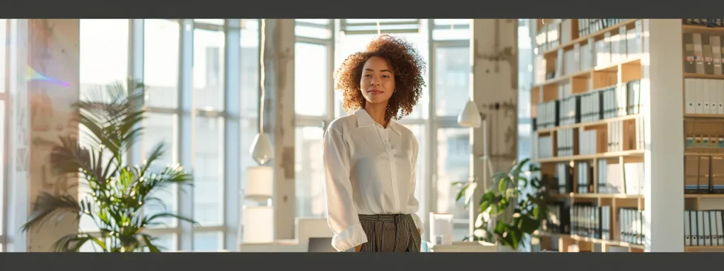 a determined individual stands confidently in a modern office, surrounded by legal books and documents, symbolizing empowerment and awareness of rights in the compensation claim process, illuminated by soft, natural light streaming through large windows.