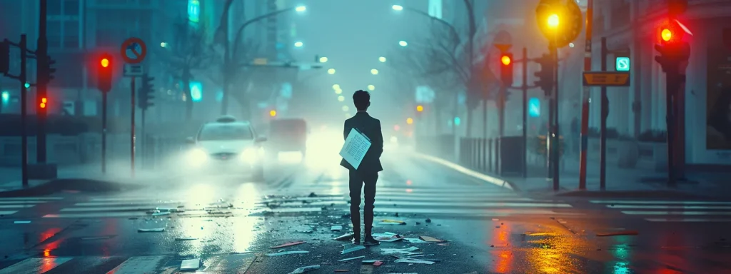 a determined individual stands at a crossroads, surrounded by documents and legal symbols, symbolizing the journey through the complex car accident claims process under dramatic, focused lighting.