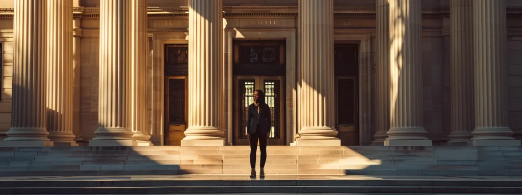 a determined individual stands confidently before a grand courthouse, bathed in soft afternoon light, symbolizing empowerment in the pursuit of justice against a denied auto insurance claim.