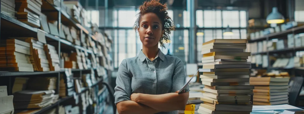a determined individual stands confidently in a modern office setting, surrounded by stacks of documents and a laptop, symbolizing empowerment and preparedness in navigating the complex insurance negotiation process after a traffic accident.