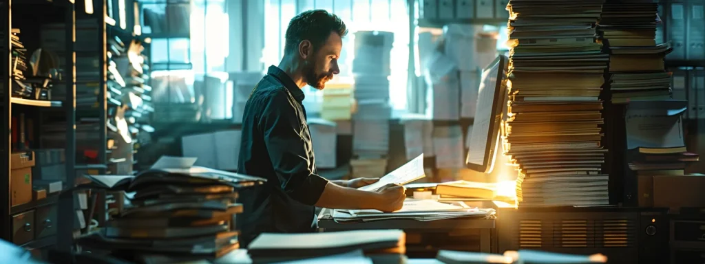 a determined individual stands confidently at an office desk, surrounded by organized stacks of paperwork and a glowing computer screen, embodying the meticulous process of appealing a denied auto insurance claim.