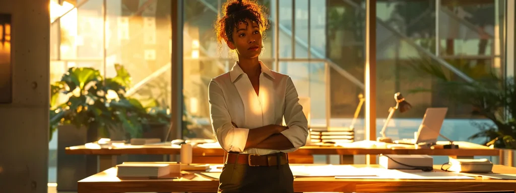 a determined individual stands confidently in a modern office setting, reviewing a complex claims document under bright, focused lighting, symbolizing the journey of navigating the claims process after liability determination.