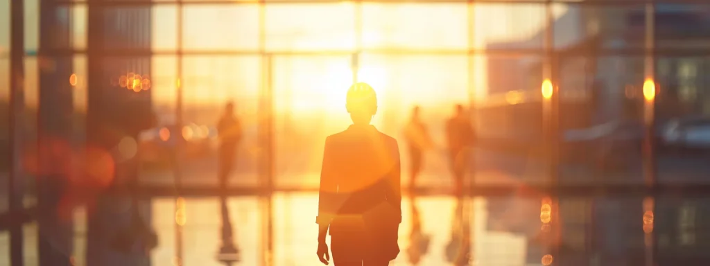 a determined individual stands confidently with a clear vision in their eyes, surrounded by blurred silhouettes representing insurance companies and legal representatives, symbolizing the journey through the complexities of the auto accident compensation claim process against a backdrop of a setting sun that casts a hopeful glow.