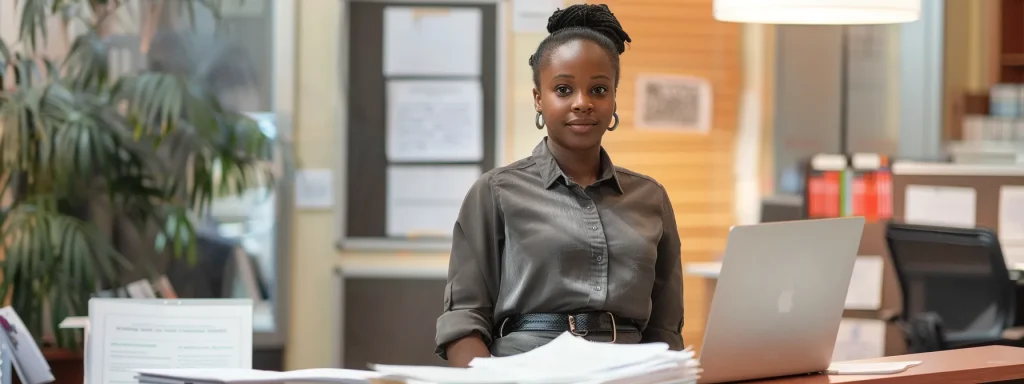 a determined individual stands confidently in an office setting, surrounded by neatly organized documents and a laptop, symbolizing the clarity and empowerment gained from understanding the insurance claims process after a car accident.