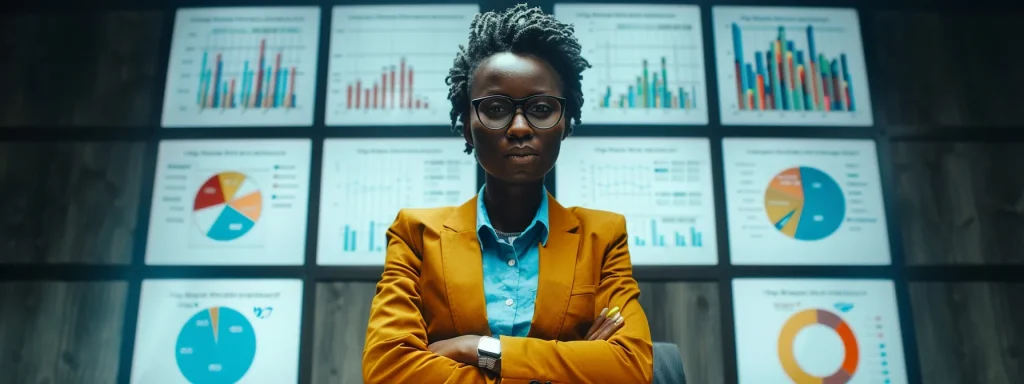 a determined individual stands confidently at a sleek conference table, surrounded by vibrant charts and documents, symbolizing the empowering journey of navigating the complexities of insurance claims after an auto accident.