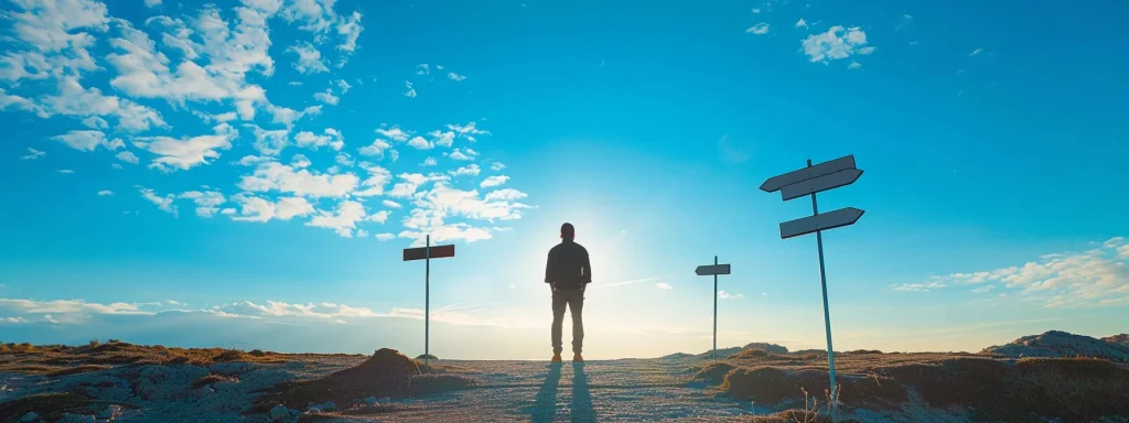 a determined individual stands at a crossroads, surrounded by signposts symbolizing different legal paths, each labeled with specialized accident categories, under a clear blue sky that conveys clarity and hope for the future.